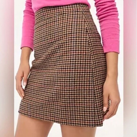 J Crew Skirt Women 12 Brown Houndstooth Wool Mini Pencil Academia Preppy Office - Picture 1 of 10